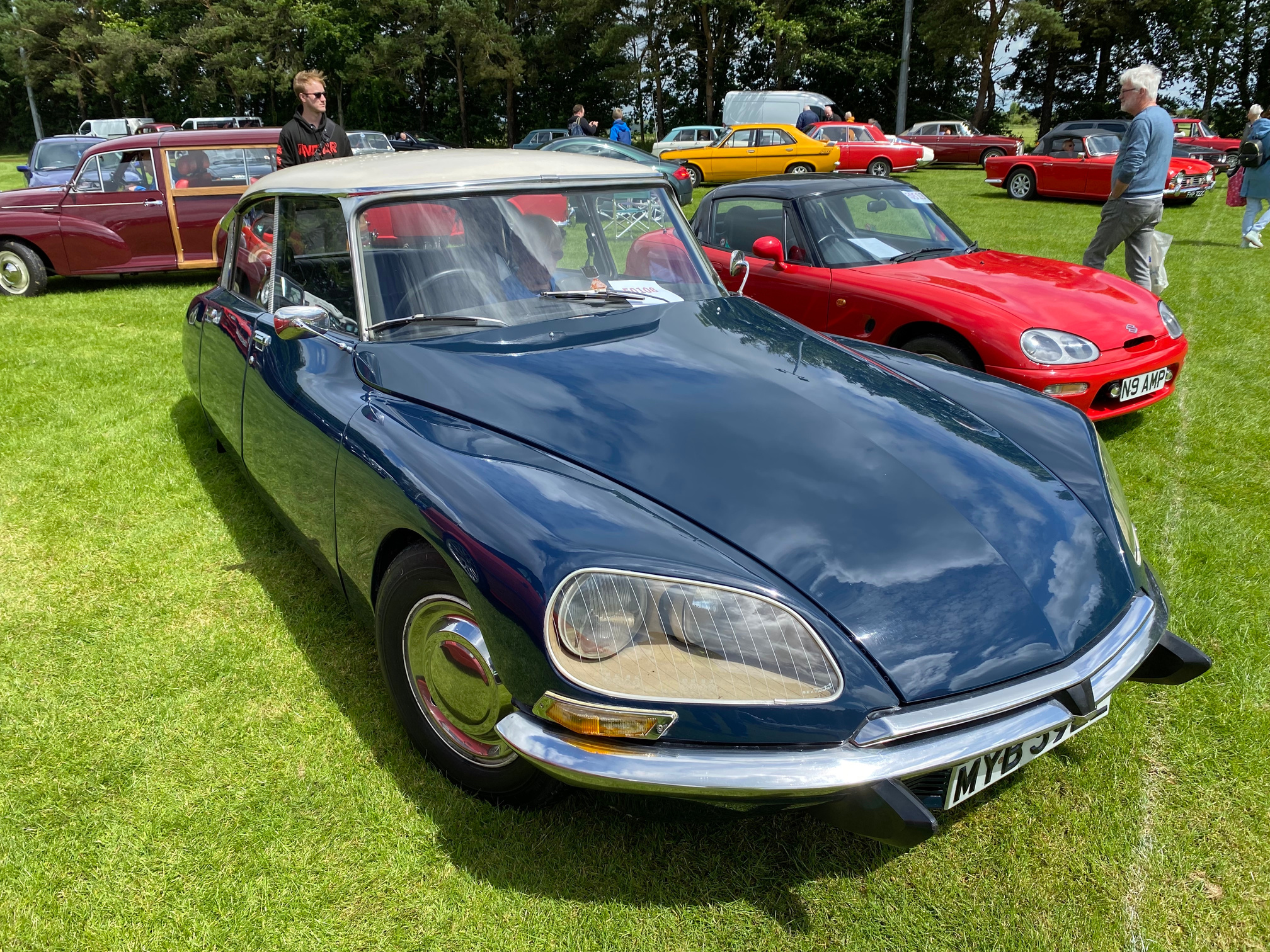 a group of classic cars parked on a grassy field