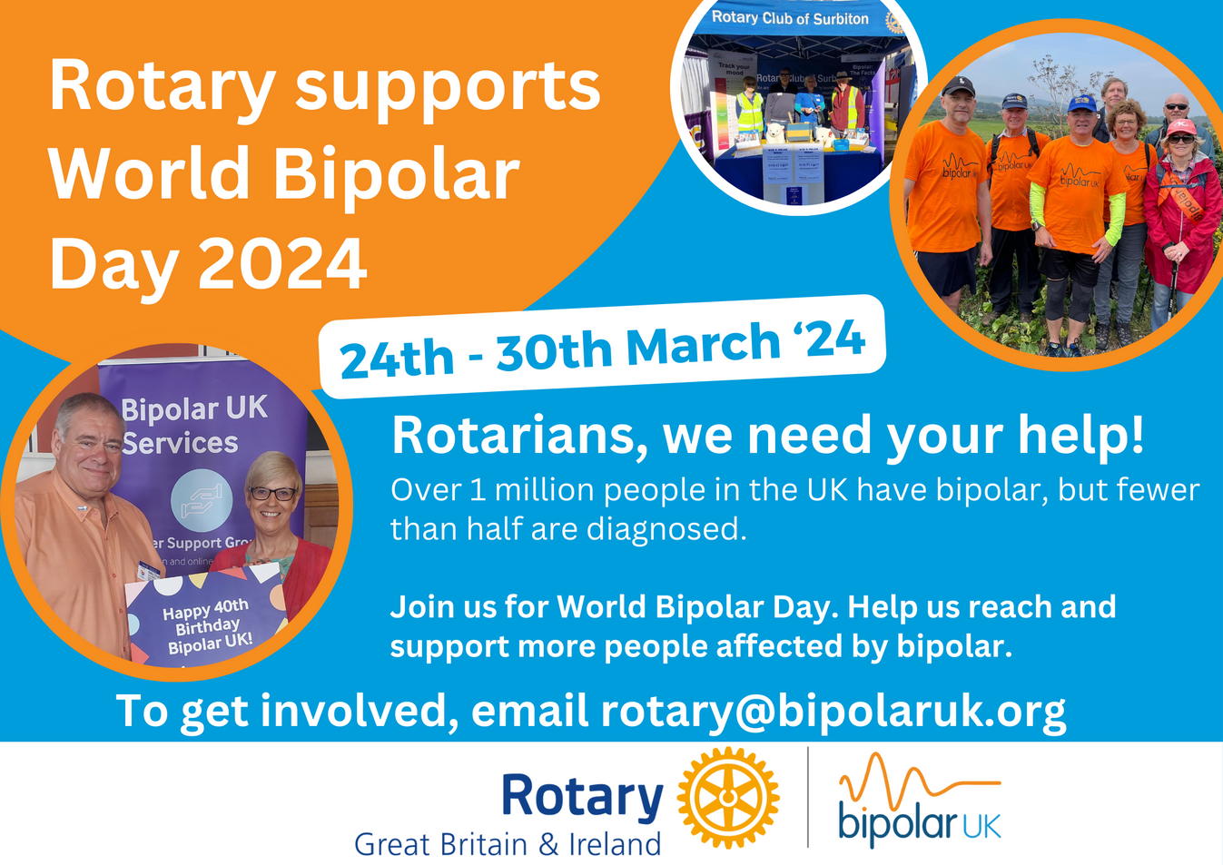 A poster saying 'Rotary supports World Bipolar Day 2024 - to get involved email rotary@bipolaruk.org