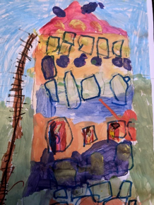 a child's drawing of a building with many windows