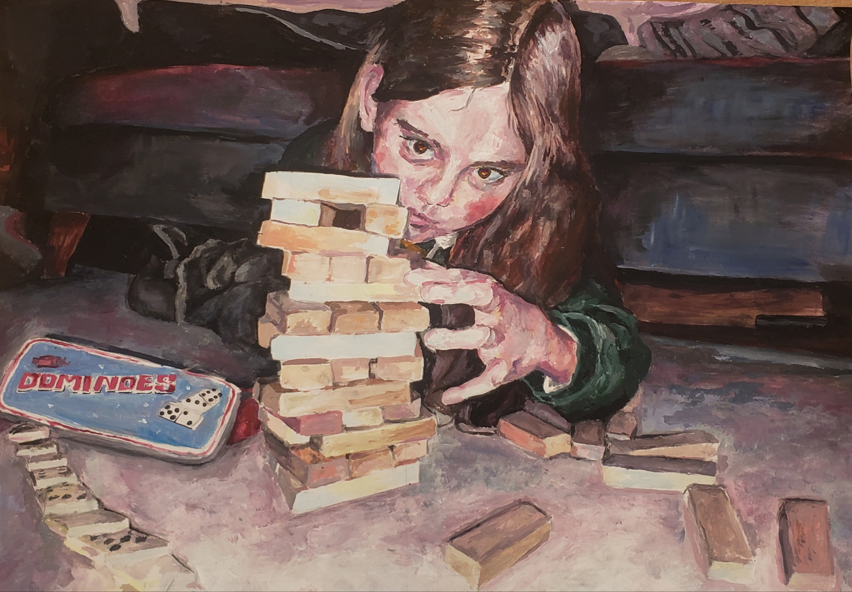 a painting of a person playing with a stack of wooden blocks