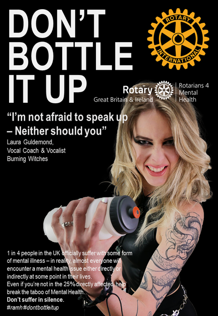 Laura Guldemond, vocal coach and vocalist of burning witches, posing with a water bottle for the 'Don't Bottle It Up' campaign.