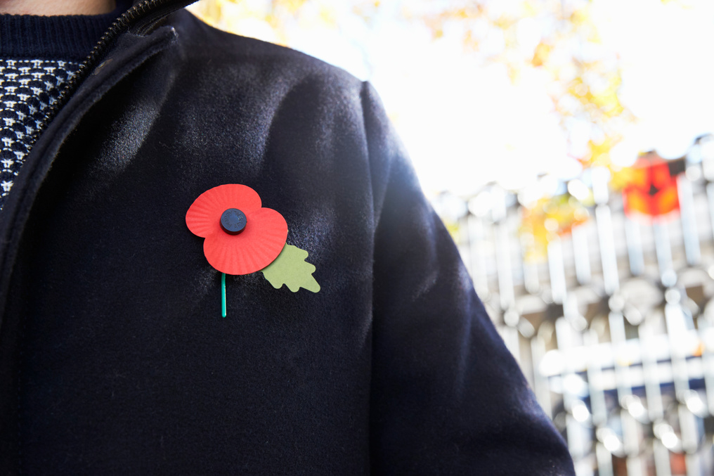 A person wearing a poppy pin on their jacket.