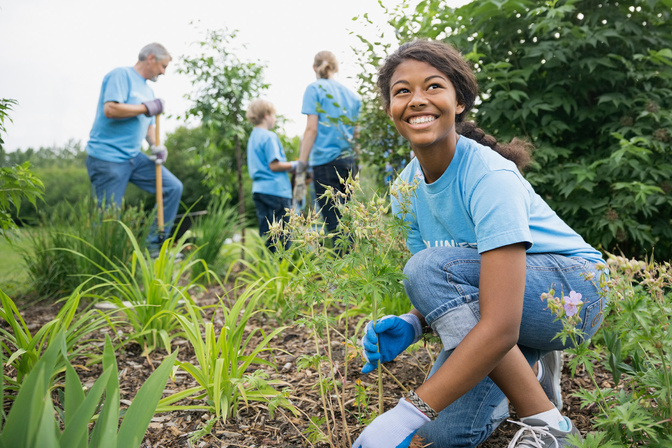 A group of people in blue shirts working in the garden.