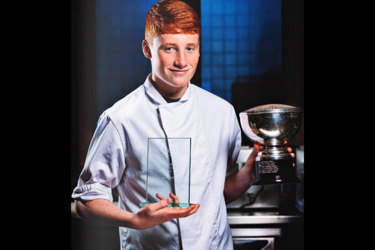 Tom Hamblet at 14-years-old holding his Rotary Young Chef trophy