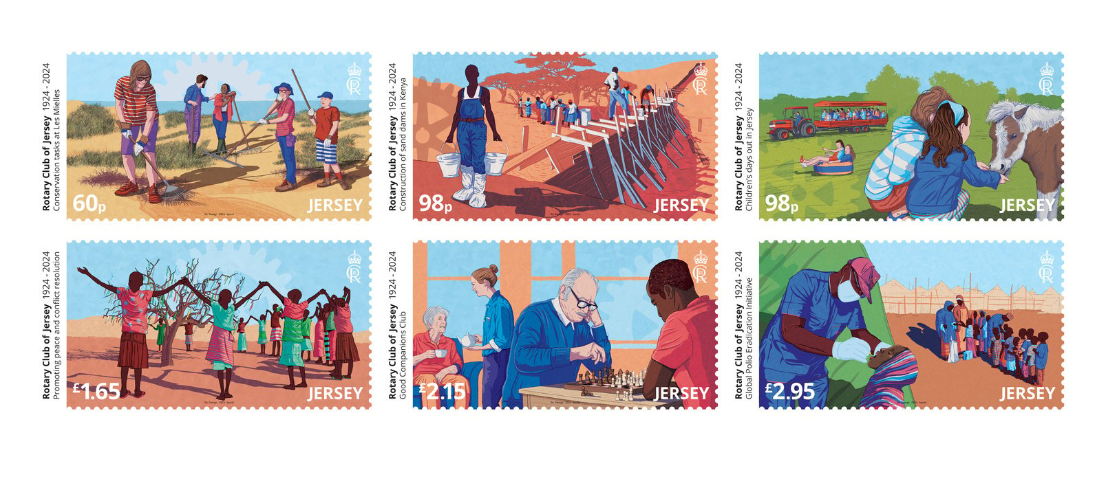 a stamp showing a group of people are standing on a beach