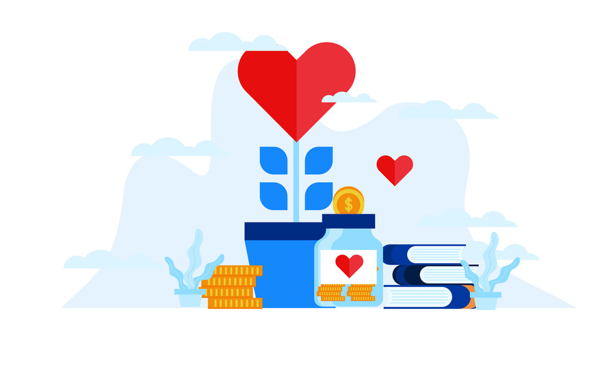 A stock illustration of a heart growing from a plant pot and coins going into a jar.