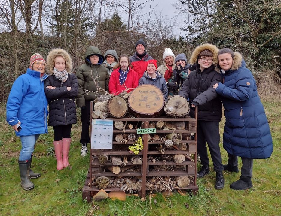 Volunteers and young people standing next to a bug hotel - a stack of logs, leaves and twigs between wooden pallets.