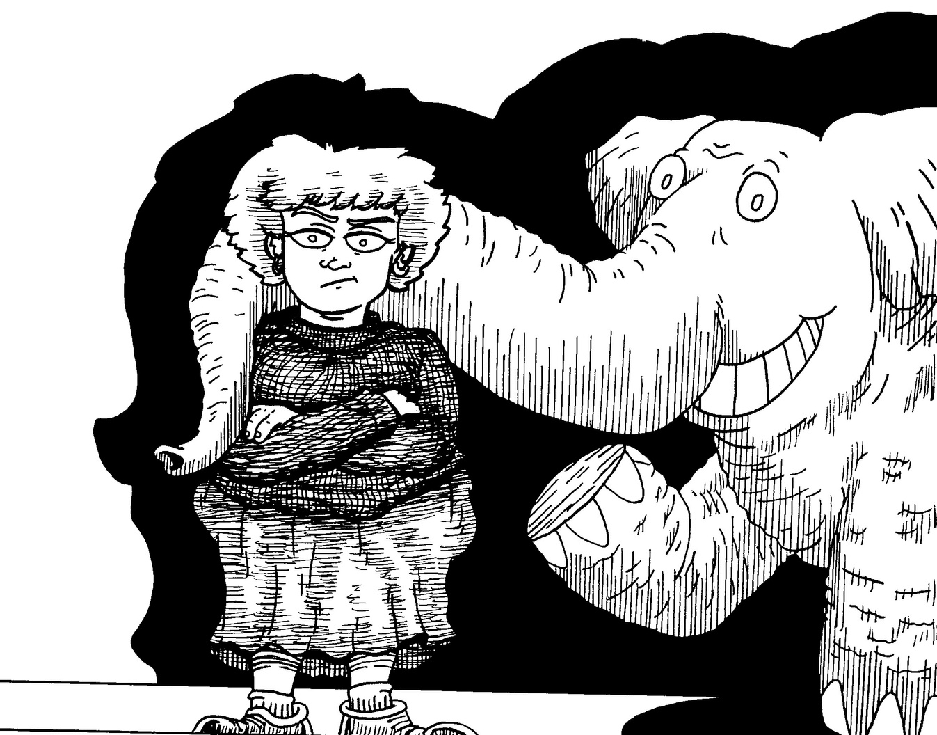 an illustration of a person standing next to an elephant