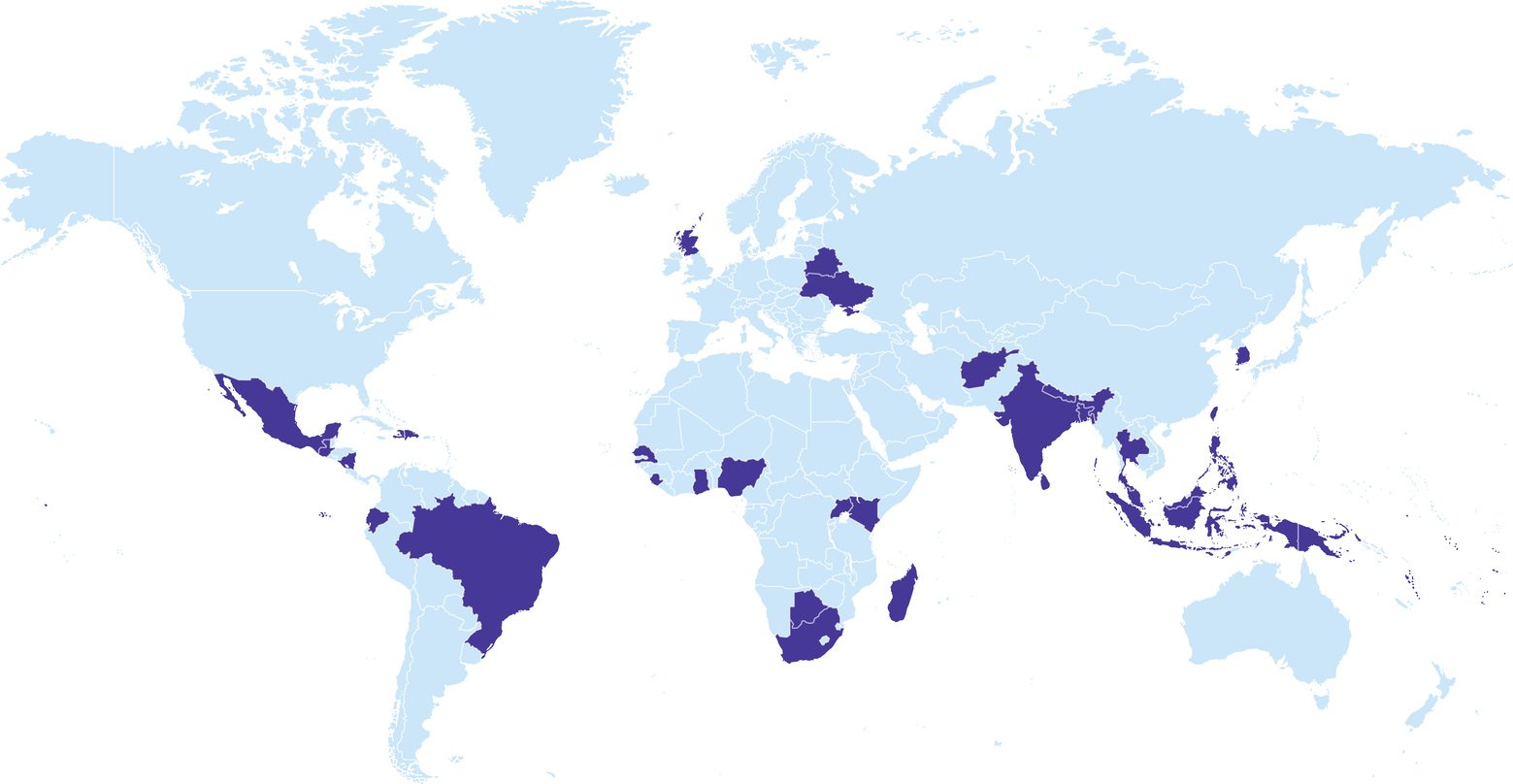 A map of the world with countries shaded where Rotary global grants have funded cervical cancer projects in the past 10 years.